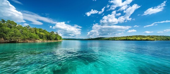 Peaceful tropical seascape, turquoise waters, blue skies, serene atmosphere, tranquil beauty, idyllic vacation setting. Generative AI