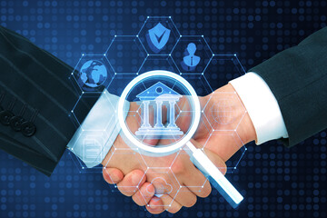 Aufkleber - Close up of businessmen shaking hands with creative glowing hexagonal online banking hologram on dark blue background. Online payment, partnership, deal and account concept.