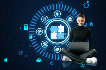 Poster - Happy businesswoman using laptop with creative round data management hologram with jigsaw puzzle on dark background. Data, business hud and cloud concept.