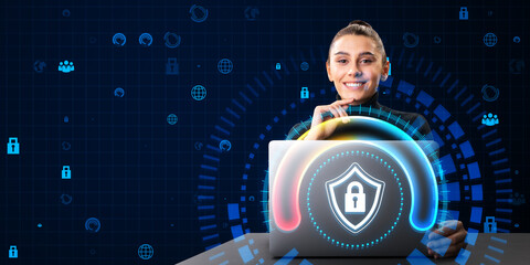 Aufkleber - Happy young businesswoman using laptop with glowing round padlock shield hologram on blurry blue background. Digital safety, protections and web concept.