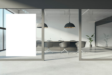 Poster - Modern concrete spacious glass meeting room interior with empty white mock up banner, panoramic window and city view. 3D Rendering.
