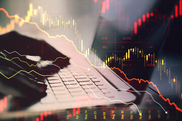Poster - Close up of backlit hands using laptop with abstract downward red forex chart on blurry background. Crisis, recession and economic fall concept. Double exposure.
