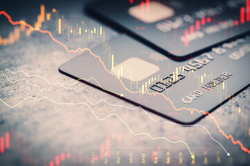 Poster - Close up of bank cards and abstract downward red forex chart on blurry backdrop. Crisis, recession and economic fall concept. Double exposure.