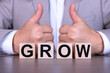 © PRO Balance - Business concept GROW, the text is written on wooden cubes on the background of a businessman in a gray suit sitting at the table.