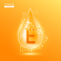 Wall Mural - Orange vitamin E surrounded by DNA. Water drop serum collagen solution moisturizer hyaluronic acid vitamins complex from nature essential skin care. For ads cosmetics cream lotion. Vector EPS10.