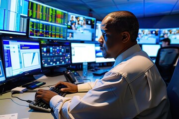 A security analyst monitoring cyber threats in a state-of-the-art operations center