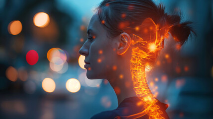 Wall Mural - Profile woman with illuminated digital spine, concept futuristic technology and human connection.