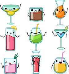 Canvas Print - cocktail character set cartoon. drink glass, poster soda, music party cocktail character sign. isolated symbol vector illustration