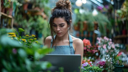 Wall Mural - Focused woman using laptop in a lush greenhouse surrounded by vibrant plants.