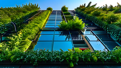 Wall Mural - A Eco green building adorned with an abundance of trees and shrubs, featuring a green roof and plant-covered walls to accentuate urban greenery. Perfect for Earth Day, World Environment Day