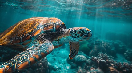 Wall Mural - a realistic turtle in turquoise water, underwater shot, sun rays filtering through the water