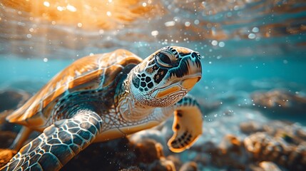 Wall Mural - a realistic turtle in turquoise water, underwater shot, sun rays filtering through the water