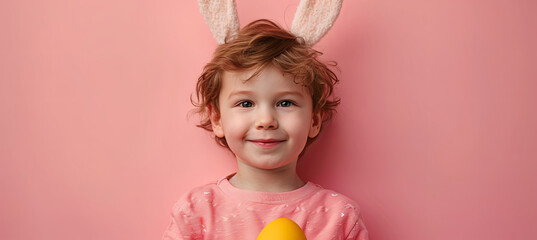 Wall Mural - Cute little boy with bunny ears holding Easter egg on the pink background