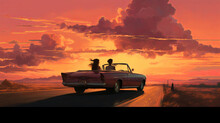 Beautiful Girls Driving In A Retro Car Look With Admiration At The Stunning Sunset And Clouds