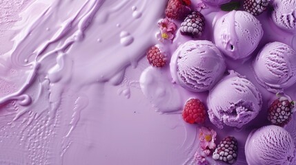 Wall Mural - Overhead view of purple ice cream with berries and flowers melting.