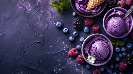 Wall Mural - Purple ice cream with berries in bowls on a textured dark background.