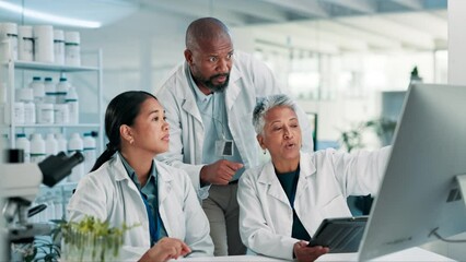 Poster - Scientist, tablet and teamwork in laboratory for collaboration and discussion on development of medical innovation. Biotechnology, science and computer for online research and plants sustainability