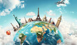 Illustration of a trip around the world, featuring famous landmarks on a globe. The artwork showcases various iconic monuments and creates a world travel background.