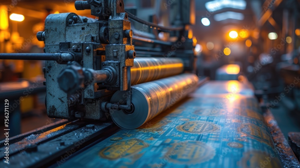 Press Machine Background Industrial printing press machine with blue pattern. Close-up of ...