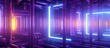 Abstract interior with glowing neon tubes in yellow and violet colors.
