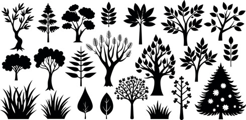 Tree, leaf, branch and grass silhouettes
