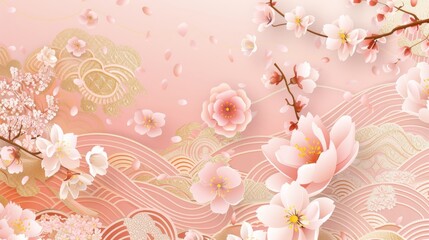 Wall Mural - The template modern features cherry blossoms, peonies, waves, and a thank you message. You can use it as a thank you card, wedding invitation card, birthday card, or congratulations card.