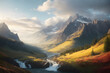 A landscape of a river with mountains background
