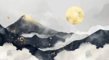 Poster - gold foil fuji mountain texture with black watercolor illustration on white background. landscape ba