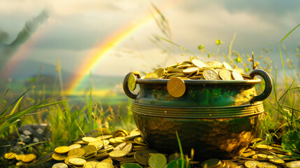 Iron pot full of gold coins at the end of the rainbow, one of the Saint Patrick's Day symbols