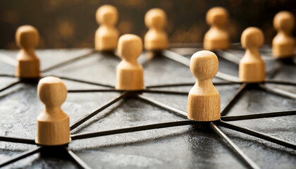 Closeup of a group of wooden figurines of people connected by black lines in a network. Communication and social networks, cooperation and collaboration concept. Generative Ai.