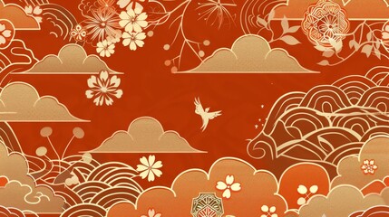 Wall Mural - Gold icons and symbols of traditional Japanese patterns in Asian backgrounds.