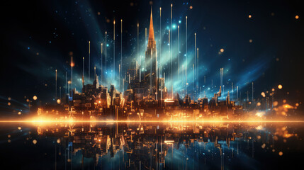 Futuristic raise arrow chart digital transformation, technology, discoveries, wallpaper, city, buildings, layout, abstraction, generative AI