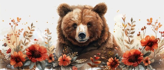 Wall Mural - Icon depicting a bear holding a flower wreath in a watercolor style