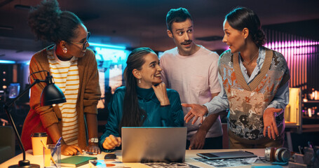 Poster - Energetic Teammates Brainstorming For Marketing Strategy in a Creative Office at Night. Multiethnic Group of People Working on Developing Growth Ideas Based on Data Using Laptop Computer
