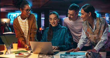 Poster - Multiethnic Group of People Use Laptop Computer to Discuss Work in Creative Office Conference Meeting Room. Diverse Colleagues Brainstorming, Solving Problems, Teamwork leads to Great Results