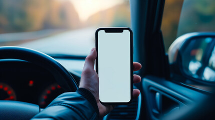 Wall Mural - Smartphone blank screen mock up in driver's hand in front of the car steering wheel, selective focus. Mobile phone with isolated white screen. Navigate or GPS concept.