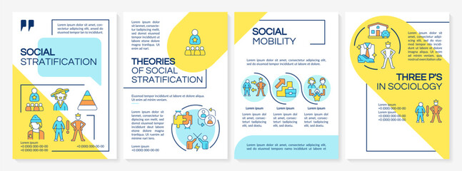 Wall Mural - Social stratification blue and yellow brochure template. Leaflet design with linear icons. Editable 4 vector layouts for presentation, annual reports. Questrial, Lato-Regular fonts used