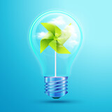 Fototapeta Miasto - concept of earth day or environment day, graphic of realistic light bulb with wind turbine inside