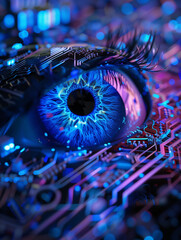 Wall Mural - Hyperrealistic Blue Human Eye with Chips and Computers Surrounding: Highly Detailed