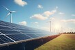 Solar panels, turbines, high voltage poles Renewable energy concept