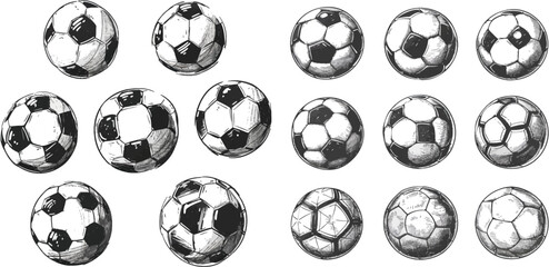 Sketch soccer balls. Hand drawn flying association football ball