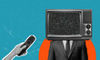 © beast01 - Business man with retro TV instead of head on blue background. Hand with remote control switching channels on TV.