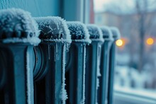 This Image Shows A Close-up Of A Home Radiator Covered In Snow And Icicles Against The Backdrop Of A Winter Day Outside The Window.