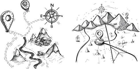 Poster - Geography and tourism vector illustration set of journey direction continuous and linear