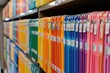 A close-up of old folders with brightly colored files that are methodically labeled and sorted on shelves in the office, showing organization and data