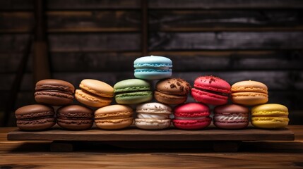 Sticker - Colorful macaroons on wood table. Generative AI