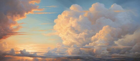 Poster - a serene natural landscape painting depicting a cloudy sky over the calm body of water, capturing th