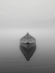 Wall Mural - Empty boat in the middle of a lake at dawn during fog