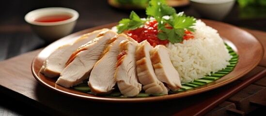 Wall Mural - A delicious dish of chicken and rice on a plate sitting on the table. The meal is prepared with animal products and served as a main course in the cuisine