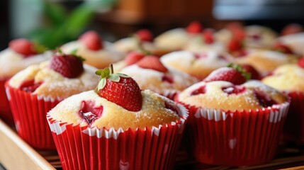 Canvas Print - Homemade strawberry muffins. Generative AI